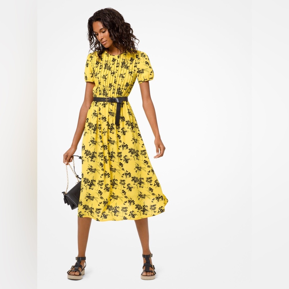 MICHAEL Michael kors pleaded yellow and black floral dress